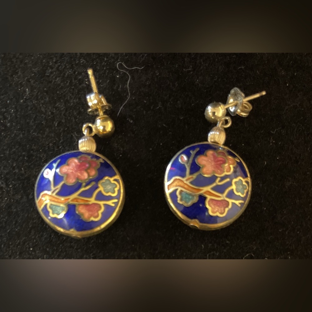 14K Solid Yellow Gold Cloisonné Dangle Earrings